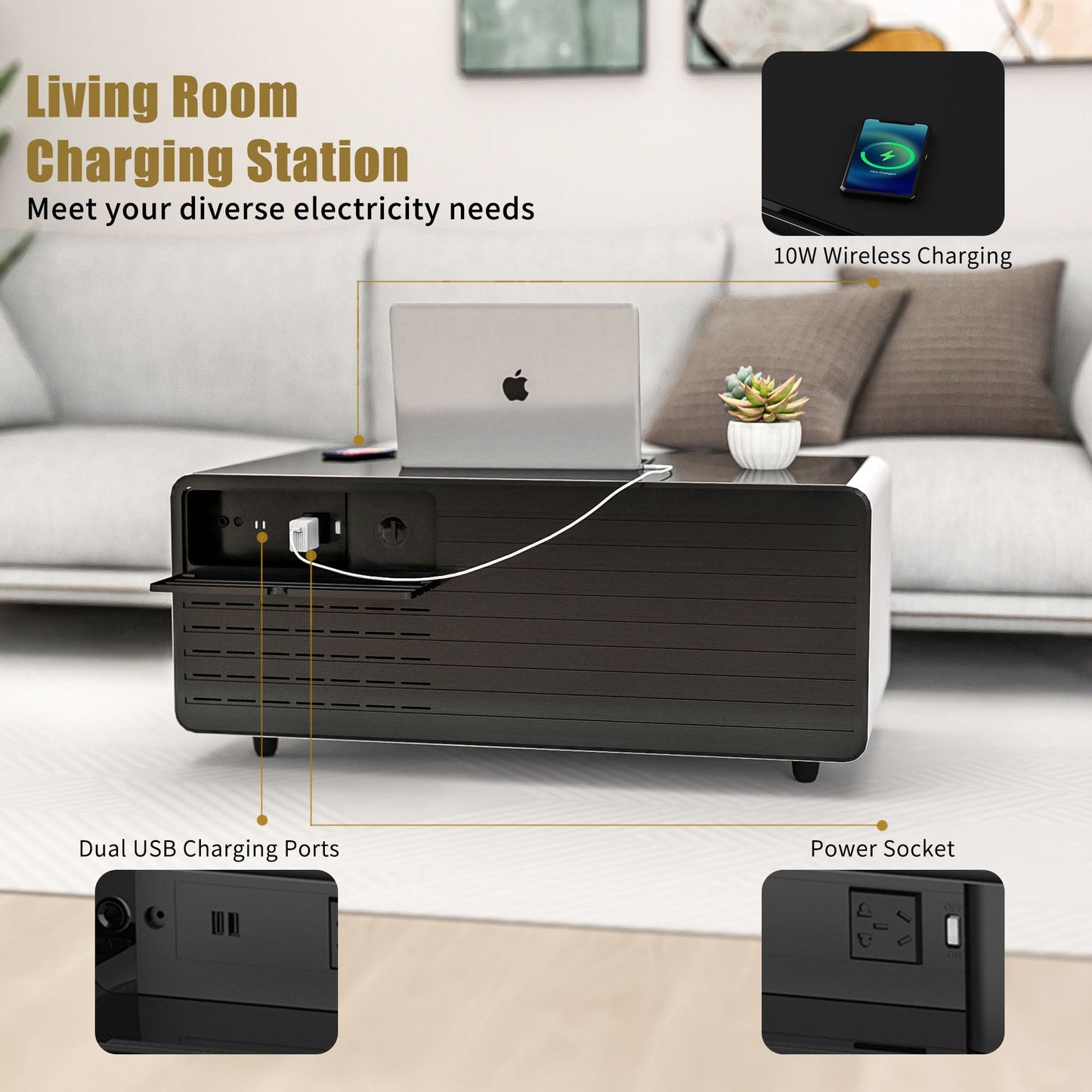 Modern Smart mini Coffee Table with Built in Fridge;  Outlet protection; Wireless charging module; Mechanical temperature control; Power socket; USB interface And power interface.