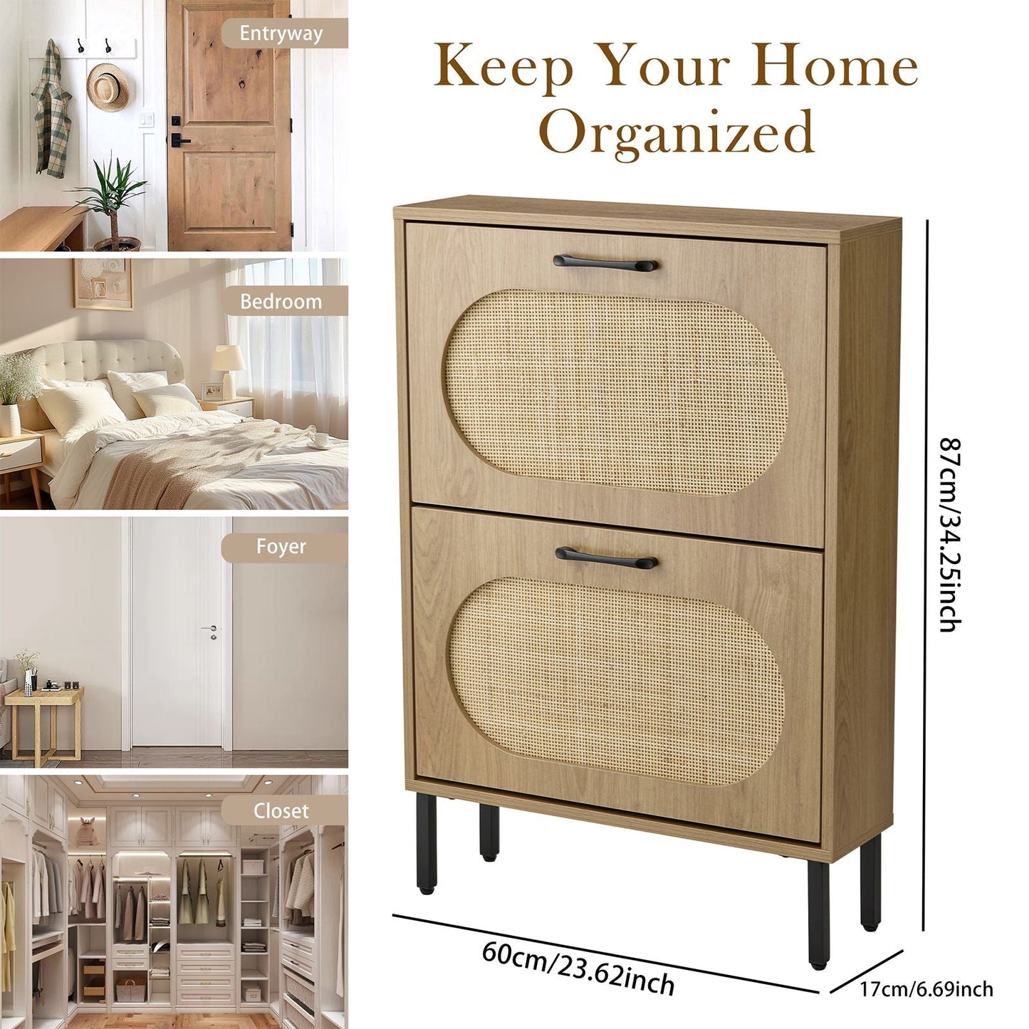 Rattan Shoe Cabinet with 2 Flip Doors, Narrow Freestanding Shoe Organizer, Modern Narrow Shoe Storage Cabinet with Metal Legs for Entryway, Hallway, Closet (Natural)