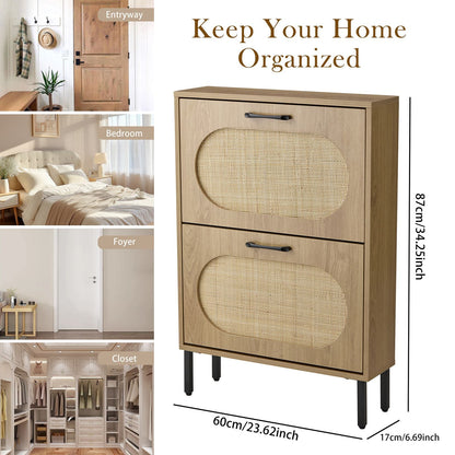 Rattan Shoe Cabinet with 2 Flip Doors, Narrow Freestanding Shoe Organizer, Modern Narrow Shoe Storage Cabinet with Metal Legs for Entryway, Hallway, Closet (Natural)