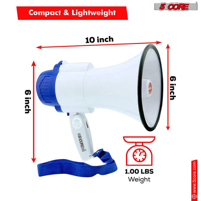 5 Core Megaphone 30W Bull Horn PA Speaker w 800 Yards Range USB Loud Siren Voice Amplifier Portable