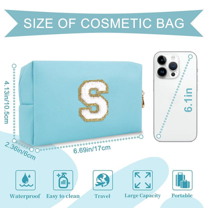 Small Personalized Initial A-Z Preppy Patch Makeup Bag,PU Chenille Letter Travel Cosmetic Pouch with Zipper,Blue Cute Toiletry Bag,Gift Ideal for Teen Girls Women Teacher Bridesmaid,Letter S