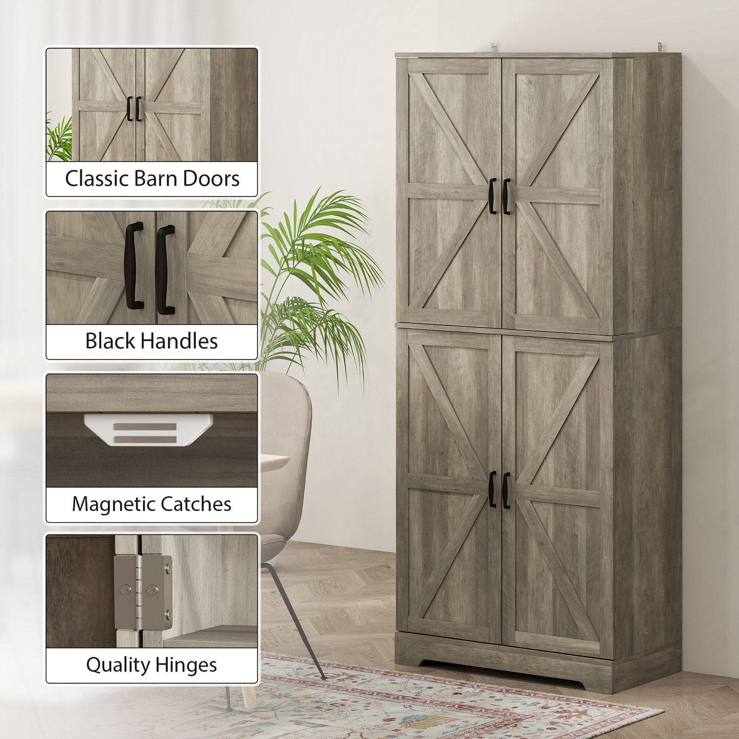 HOMCOM Farmhouse Kitchen Pantry, 72" Tall Pantry Cabinet with 4 Barn Doors, 4 Adjustable Shelves and 8 Door Shelves, Gray Wash
