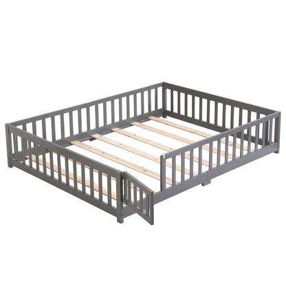Full Size Floor Bed with Door, Solid Wood Platform Bed Frame with Fence, Suitable for children, Pine Wood