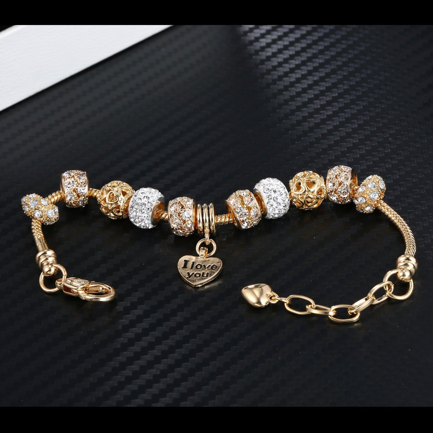 Heart Charm Bracelet with Extender Gold Plated Snake Chain Bracelets CZ Crystal Beads Charms Bracelets