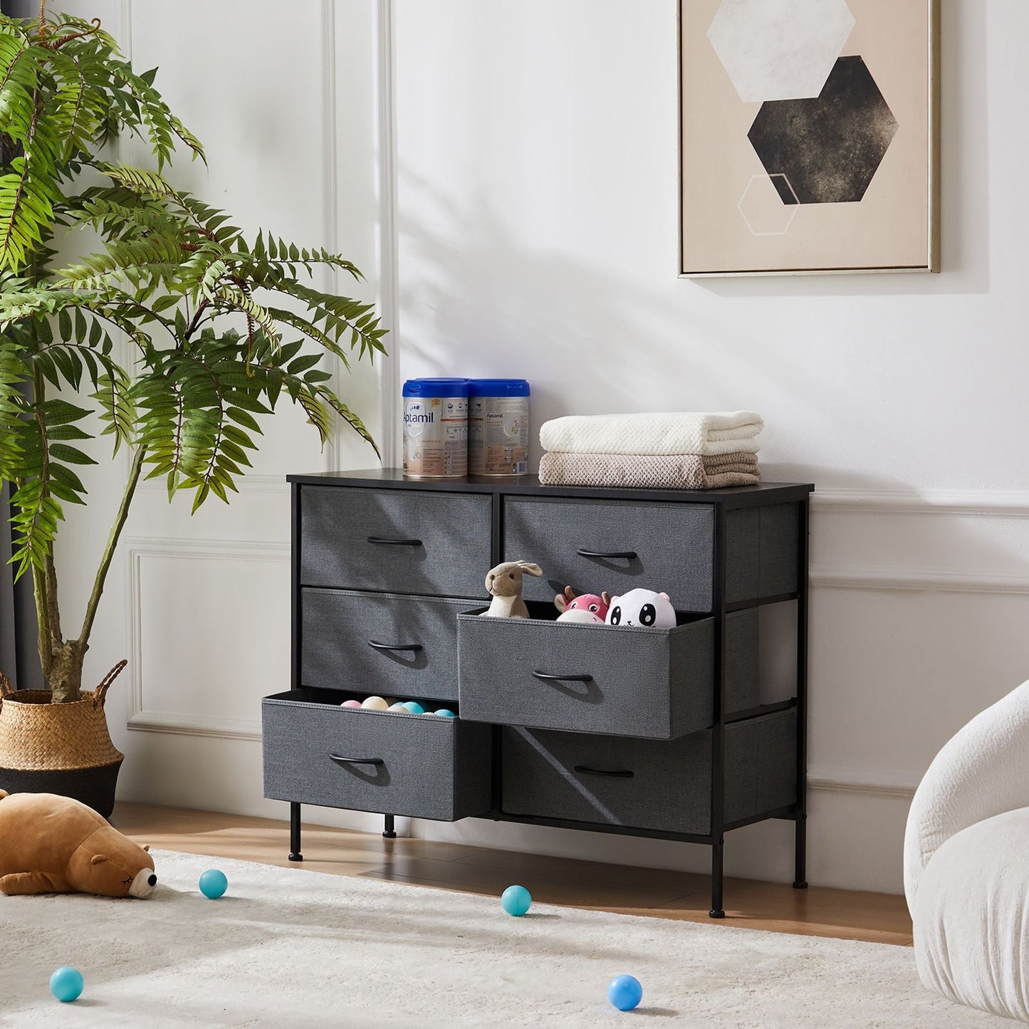 Dresser for Bedroom 6 Drawers Wide Fabric Storage Units Chest of Drawers for Bedroom with Metal Frame and Wooden Top for TV