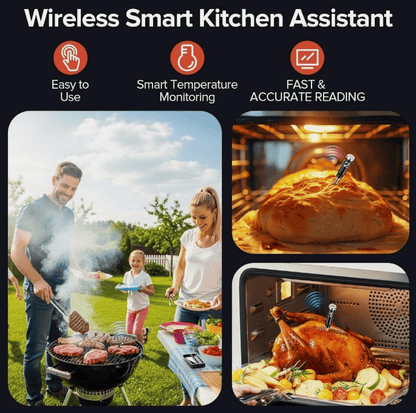 PSJX369 BBQ Meat Thermometer-SUS304 Stainless Steel with Bluetooth 5.2 Connectivity (700ft range), 24-hour battery life, 1-second response time. Features probe temperature display and audible alarm.