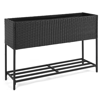 Raised Wicker Garden Bed with Storage Shelf and Removable Liner