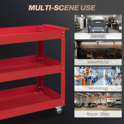 3 Tier Rolling Tool Cart with Wheels, 330 LBS Capacity Heavy Duty Utility Cart, Mobile Service Cart for Garage, Red
