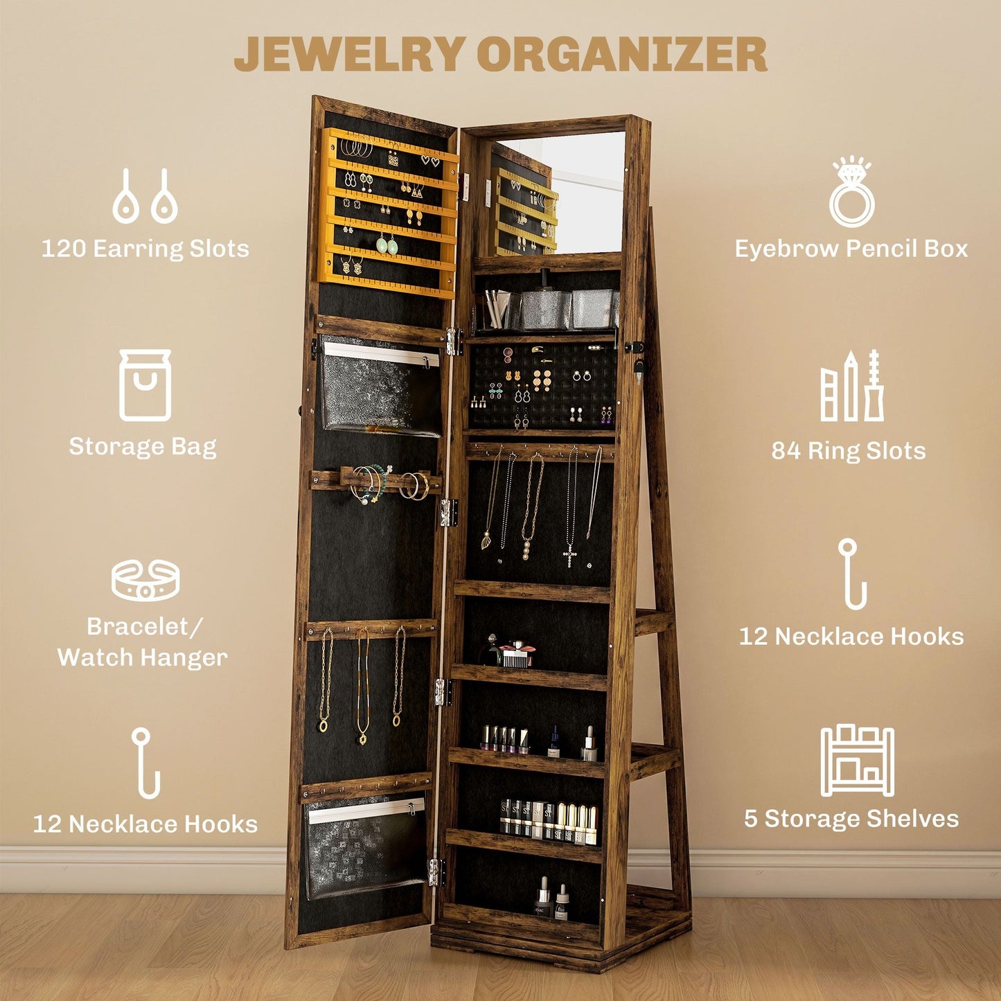 Swivel Jewelry Armoire, Lockable Mirror Jewelry Cabinet with Built-In Small Mirror, Rustic Brown
