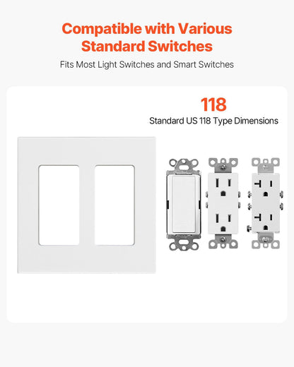 VEVOR Rocker Light Switch Wall Plates, 2-Gang Decorative Outlet Covers,Standard Size 4.57in L x 4.53in H Unbreakable Polycarbonate Thermoplastic Faceplate for Receptacle Outlet&Switch(5 Pack, White)