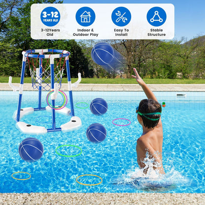 Summer Pool Basketball Hoop Toy Set With 4 Basketballs 4 Circles Pump Floating Swimming Pool Basketball Games Poolside Water Play Toy For 3-12Years Old Kids Adults