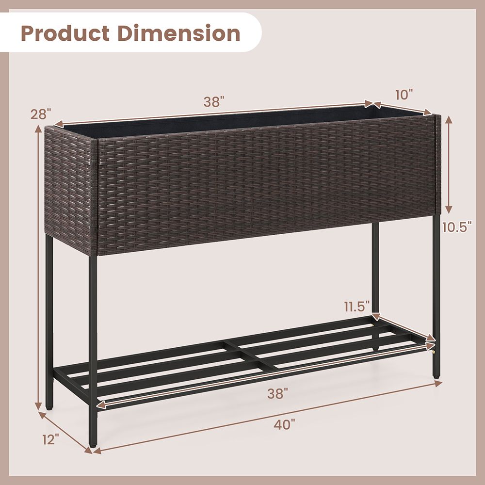 Raised Wicker Garden Bed with Storage Shelf and Removable Liner