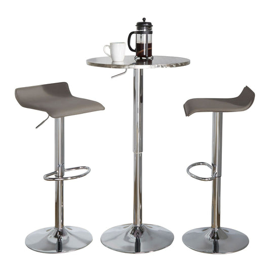 Bistro Round-Ale Contemporary Adjustable Bar Set in Silver and Chrome Metal with Grey PVC and Oval Footrest by - 3 Piece