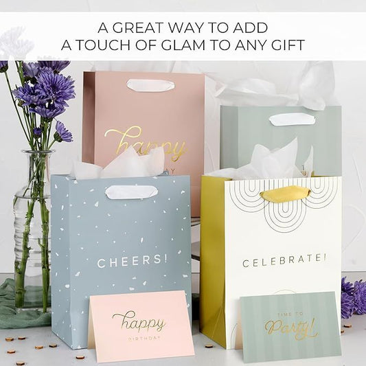 Beautiful Birthday Gift Bags Set of 4 - Medium Sized 9" Gift Bags with Handles incl. Matching Tissue Paper, Cards & Stickers - Reusable & For Presents of Any Weddings, Mothers Day or Other Occasion