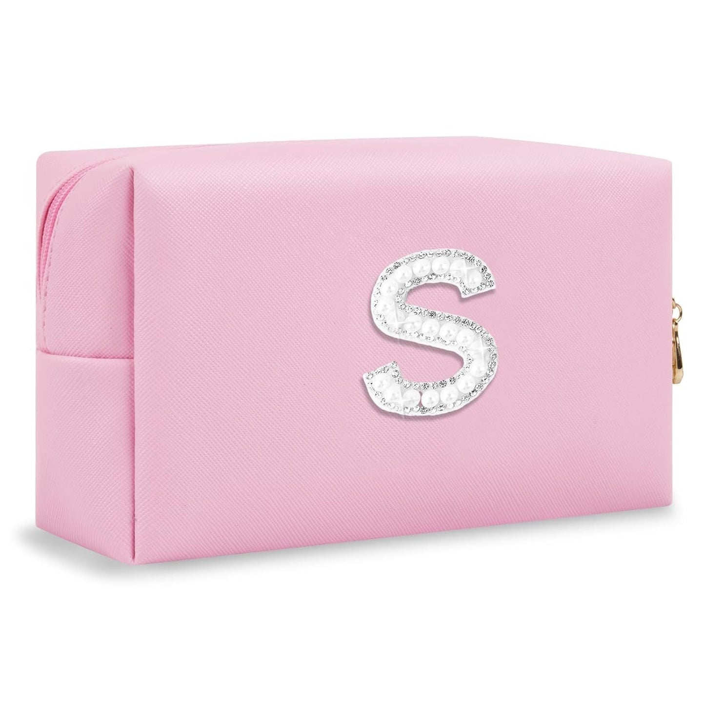 Bride Gifts – Personalized Initial Makeup Bag with Pearl Rhinestone Patch, Preppy Pink Monogram Cosmetic/Toiletry Pouch, bridesmaid Gifts, Bridal Shower Gifts, Wedding Gifts, Bridal Gifts,S