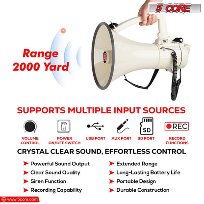 5 Core Megaphone 100W Bull Horn Professional PA Speaker w 2000 Yards Range Loud Siren Voice Amp