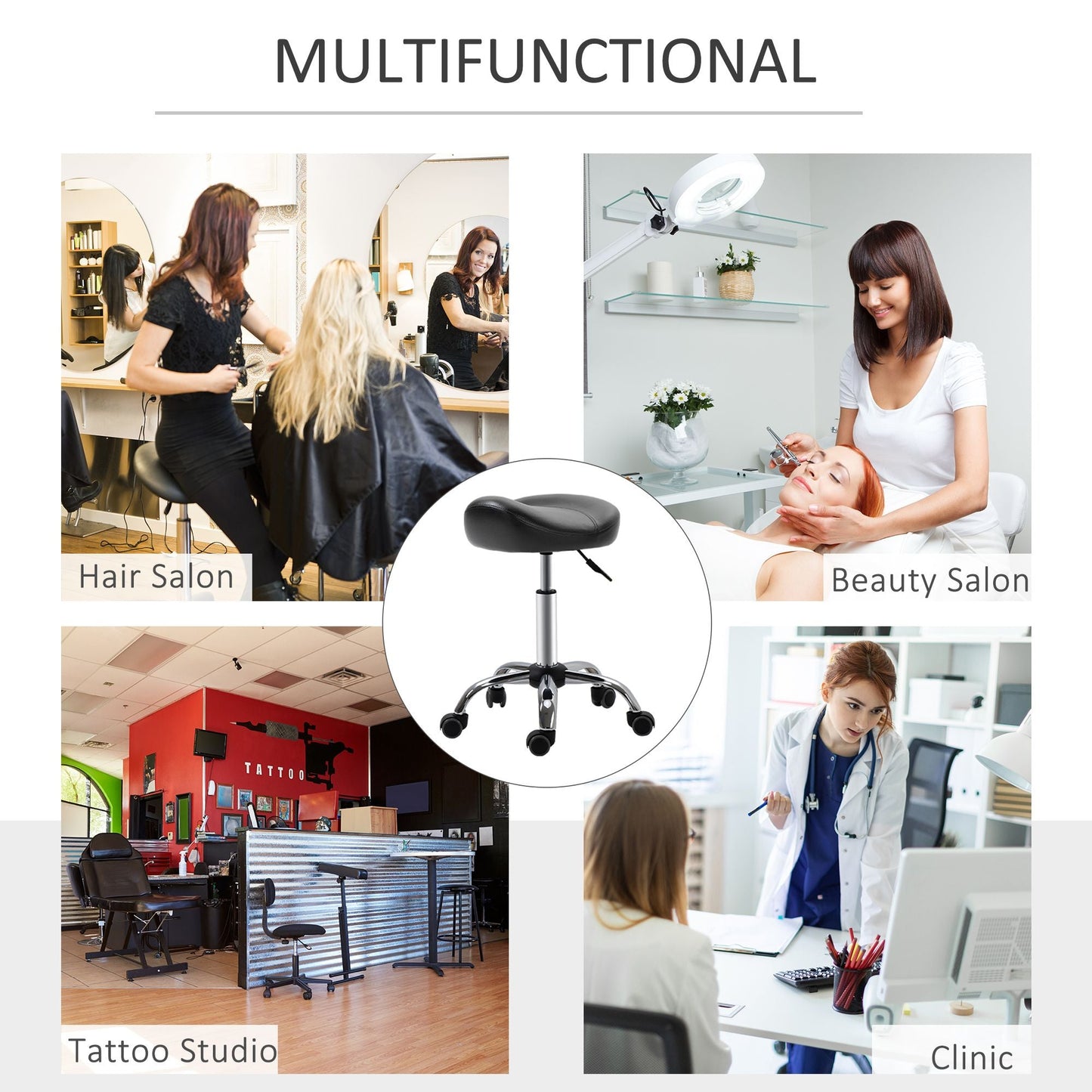 Saddle Stool Height Adjustable Rolling Salon Chair PU Leather Black for Massage Spa Clinic Beauty Tattoo