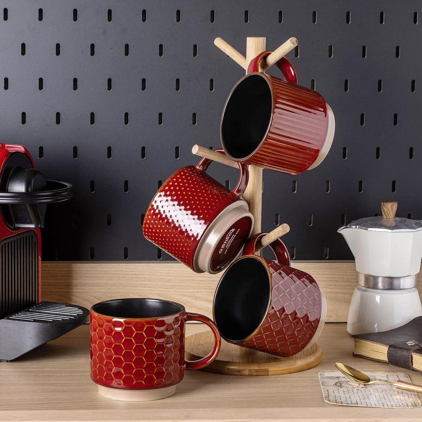 12 OZ Stackable Coffee Mugs Set of 4, Ceramic Coffee Cups with Texture Patterns for Man,Woman,Dad,Mom, Modern Mugs Set for Latte/Cappuccino/Cocoa. Dishwasher&Microwave Safe, Red