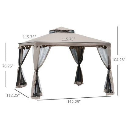 Outsunny 10' x 10' Gazebo Tent, Canopy with Mosquito Netting SideWalls, 2-Tier Vented Roof, Fabric for Garden, Lawn, Backyard, Taupe