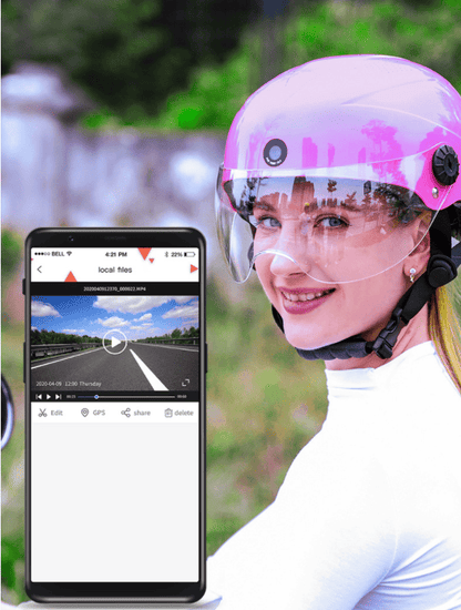 Smart Bluetooth motorcycle helmet. (1920x1080P motion camera (front / back), 64GB (16h) loop video, BT5.2+BLE4.2 Bluetooth, 2x0.5W voice control, phone, message, GPS, MP3)