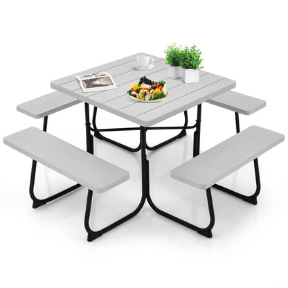 Outdoor Picnic Table with 4 Benches and Umbrella Hole
