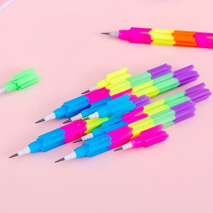 12pcs School Blocks Replaceable Core Rainbow Pencils Writing Tools Kids Gift Pencils Toy Stationery Pen Splicing Office Plastic 5.91*0.39inch