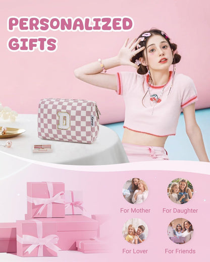 Birthday Gifts for Teen Girls Kids Women Personalized Initial Checkered Makeup Bag Pink Monogram Cosmetic Bag Trendy Stuff