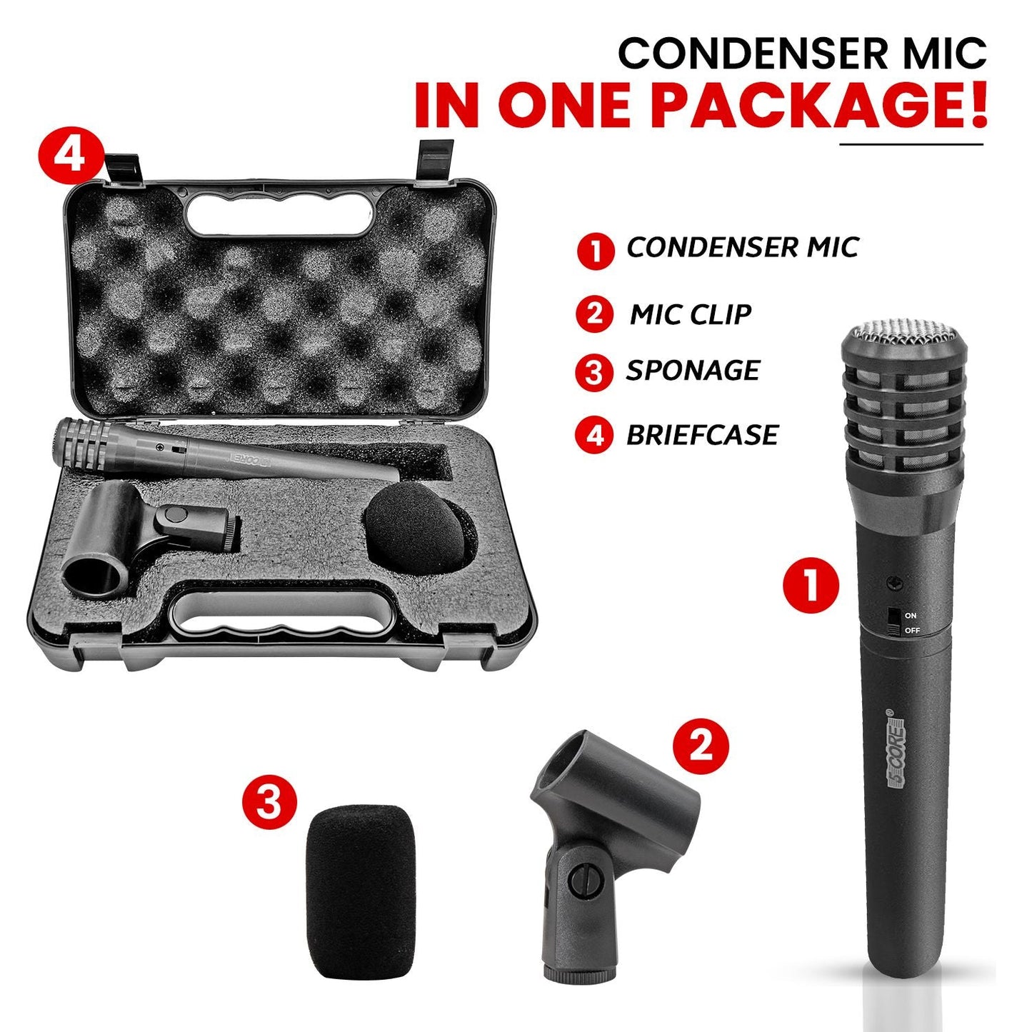 5 CORE Professional Instrument Microphone Pencil Mic Condenser Cardioid Unidirectional Stick Microfono with Windscreen Mic Clip & Case - INSTRU MIC 100 GREY