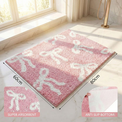 Bow Coquette Cute Bath Mat (20 X 32 Inch) – Non-Slip Absorbent Bathroom Rug For Vanity, Shower, Bedroom & Kitchen | Perfect Christmas Holiday Decor & Gift