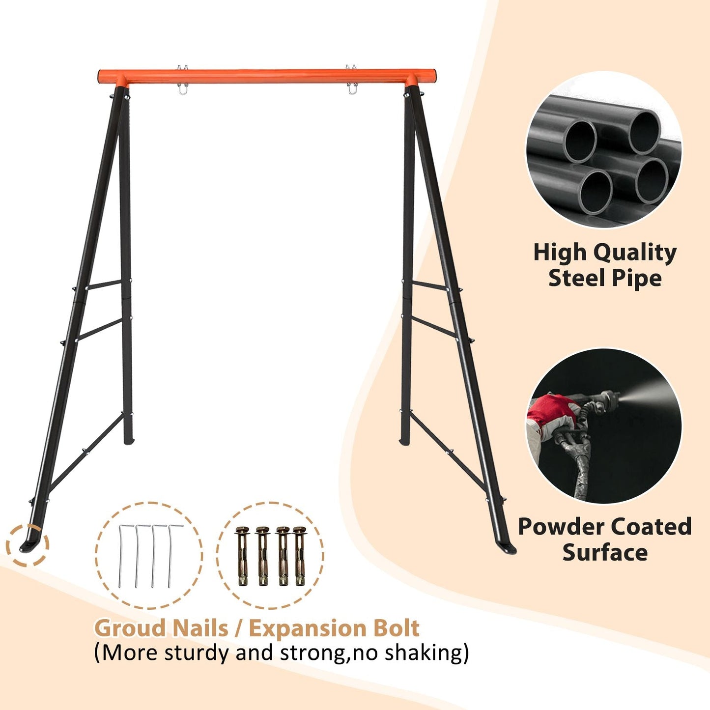 Metal Swing Stand Swing Sets for Backyard,Powder Coated Swing Frame of Swing Set with Extra Side Bars,880 Lbs Heavy-Duty A-Frame Outdoor Swing Fits Swing Chair,Porch Swing