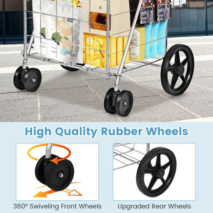 Folding Shopping Cart with Swiveling Wheels and Dual Storage Baskets