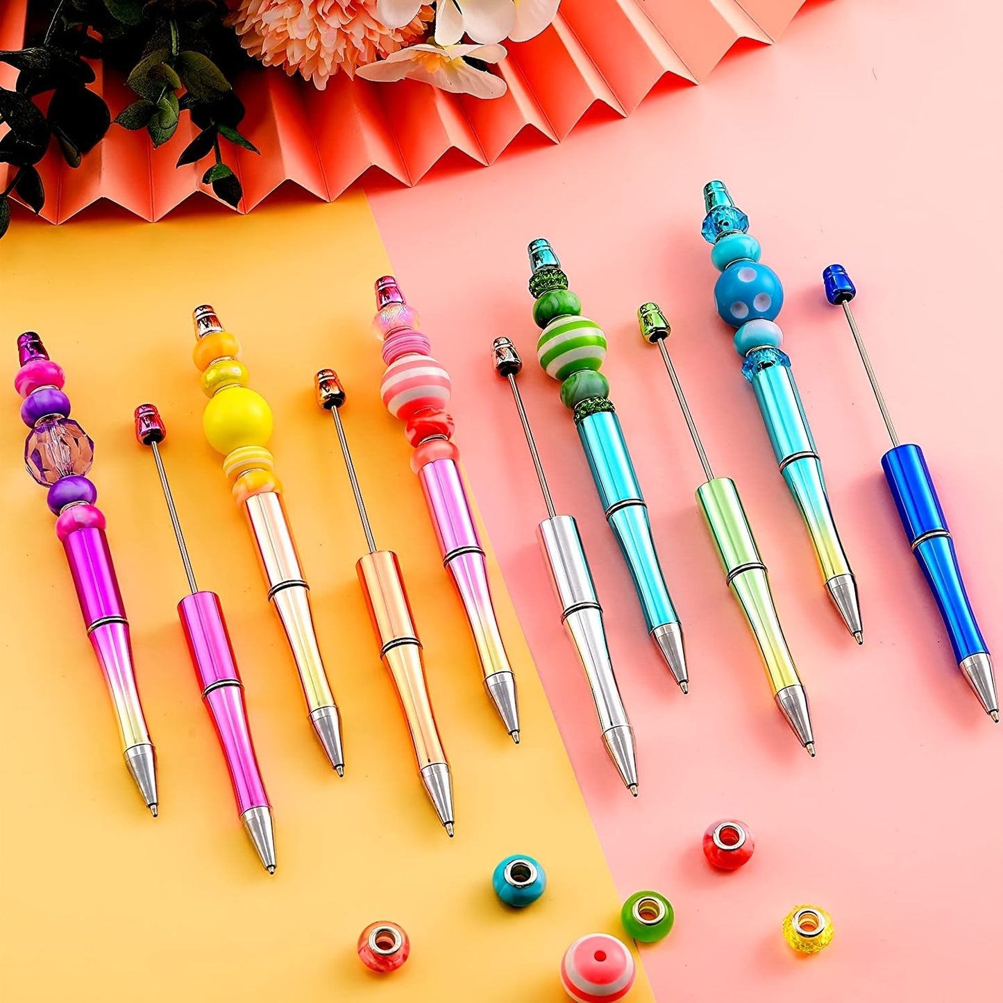 5pcs Electroplated Bead Pen Plastic Beadable Pen Bead Ballpoint Pen Assorted Bead Pen Shaft Black Ink Rollerball Pen For Kids Students Office School Supplies