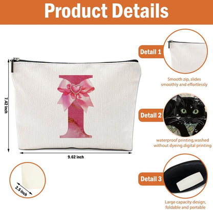 Personalized Initial Makeup Bag, Monogram Bow Travel Toiletry Make Up Bags Cute Preppy Cosmetic Bag Pouch Makeup Organizer Mothers Day Wedding Birthday Gifts for Women Nurse Sister Girls Pink I