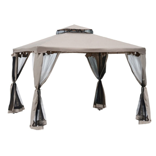 Outsunny 10' x 10' Gazebo Tent, Canopy with Mosquito Netting SideWalls, 2-Tier Vented Roof, Fabric for Garden, Lawn, Backyard, Taupe