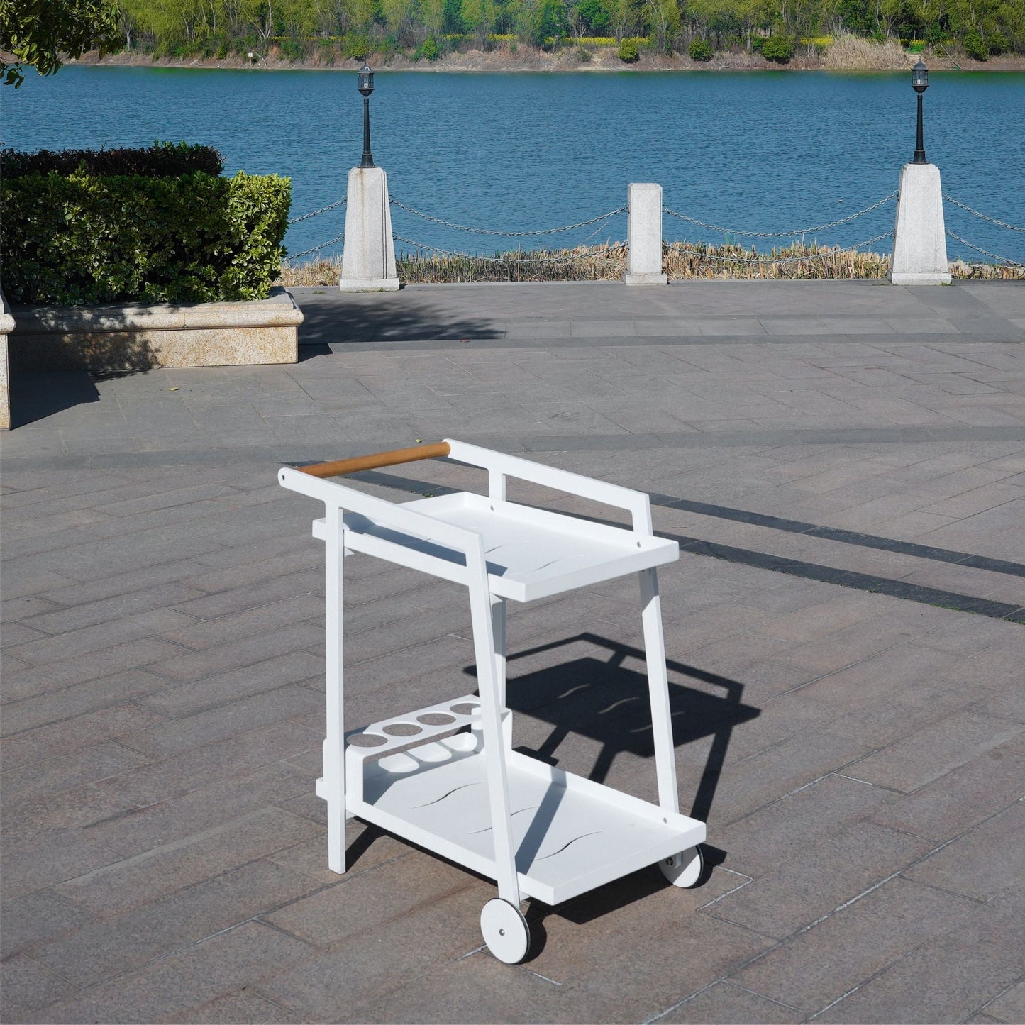 Aluminum White Indoor/Outdoor Patio Serving Dual-layer Cart with Teak Handle