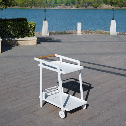 Aluminum White Indoor/Outdoor Patio Serving Dual-layer Cart with Teak Handle