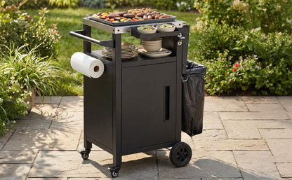 K&K 33.9" Outdoor Grill Cart with Drop Leaf, Outdoor Metal Bar Cart Pizza Oven Table with Wheels, Stainless Steel Top, Outdoor Kitchen Island with Storage Cabinet & Spice & Paper Rack for BBQ, Waterpr