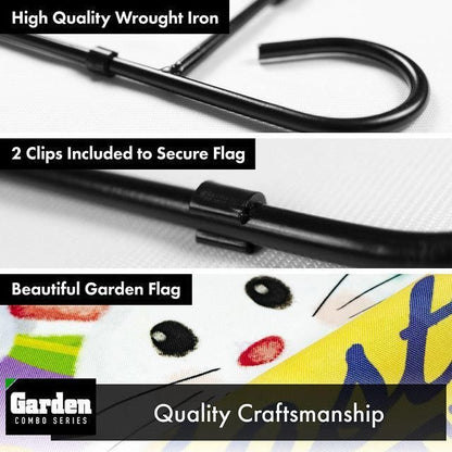 Combo Pack Garden Flag Stand Black 36x16 Inch & Garden Flag Easter Greetings with White Bunny Eggs 12x18 Inch