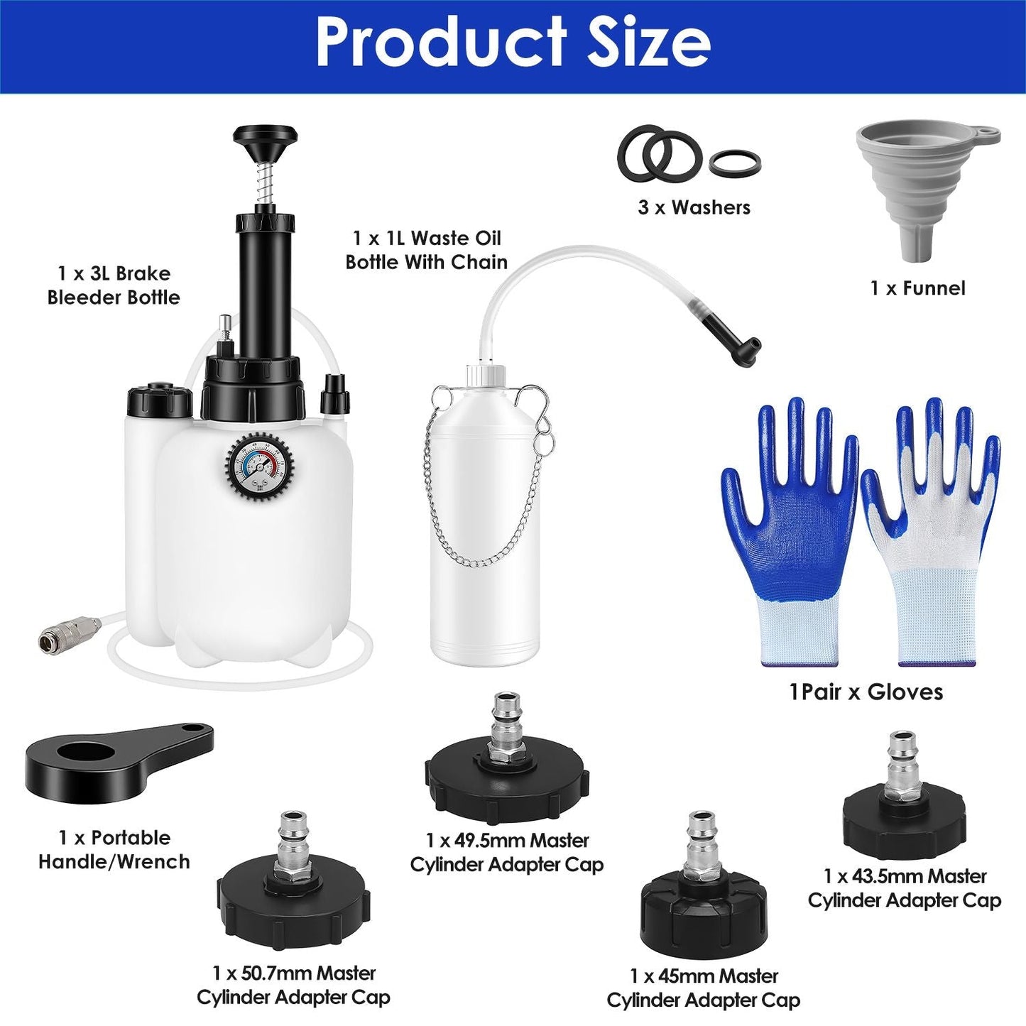 1Pc 3L Manual Brake Bleeder Kit One Person Brake Bleed Vacuum Pump Automotive Brake Fluid Bleeding Kit with 1L Waste Oil Bottle 4 Master Cylinder Adapters Gloves Funnel Fit for Most Vehicles