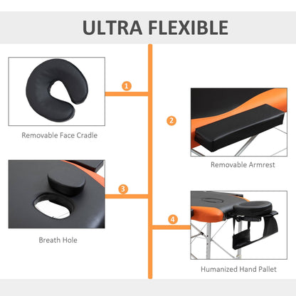 Portable Luxury: 73" 3 Section Foldable Salon Bed, Facial Couch in Black Orange for Spa Therapy Equipment