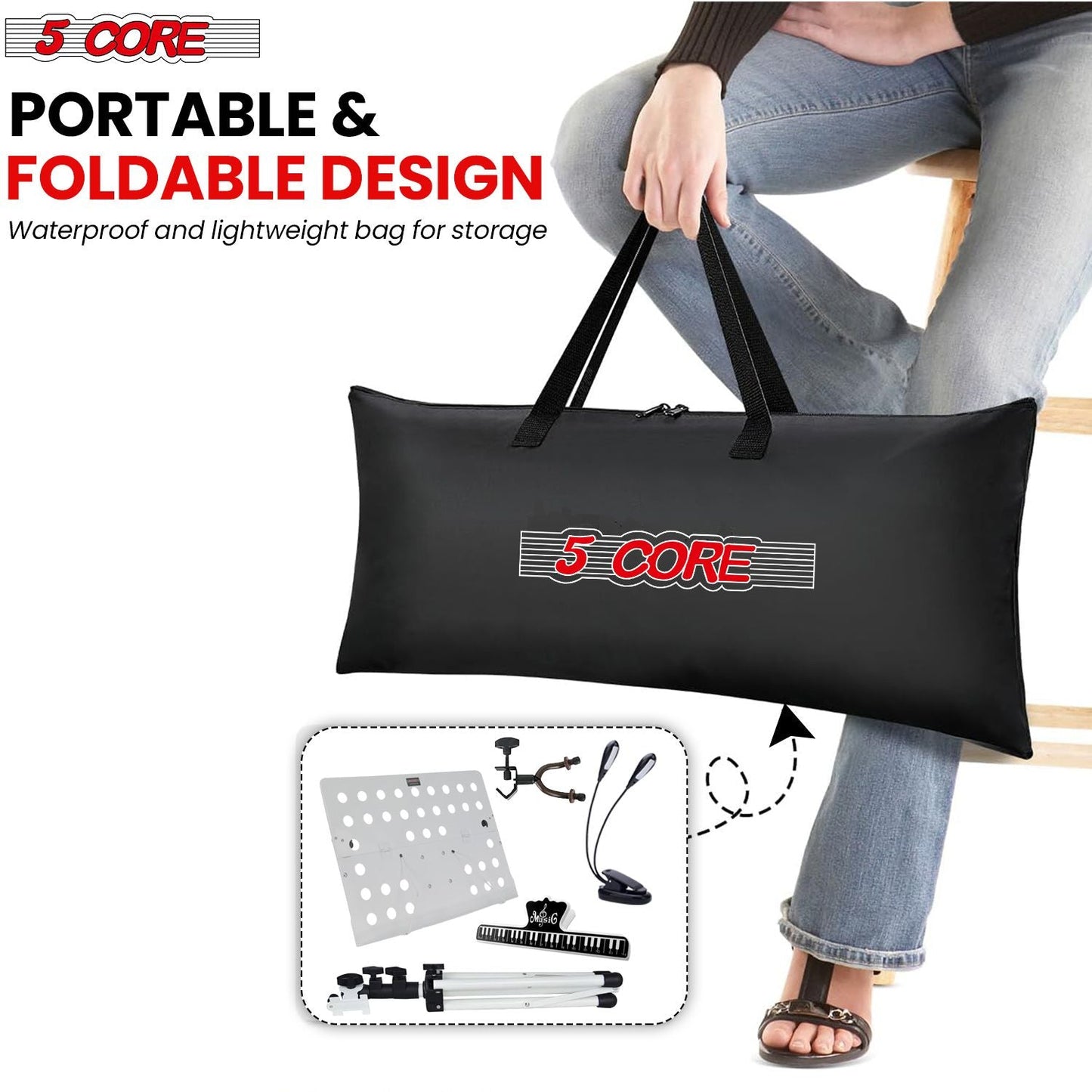 5 Core Music Stand For Sheet Music Height Adjustable Portable Folding Atril Para Partituras w Light Clip for Guitar Players Violinists Cellists Pianists - MUS FLD HD ACC WH