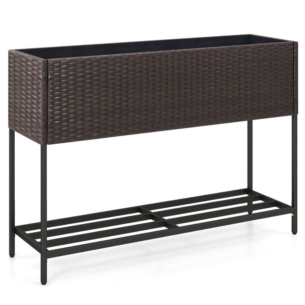 Raised Wicker Garden Bed with Storage Shelf and Removable Liner