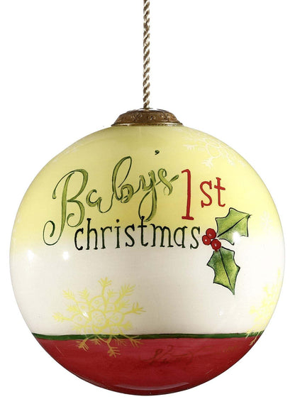 Baby First Christmas Teddy Bear Train Hand Painted Glass Hanging Ornament