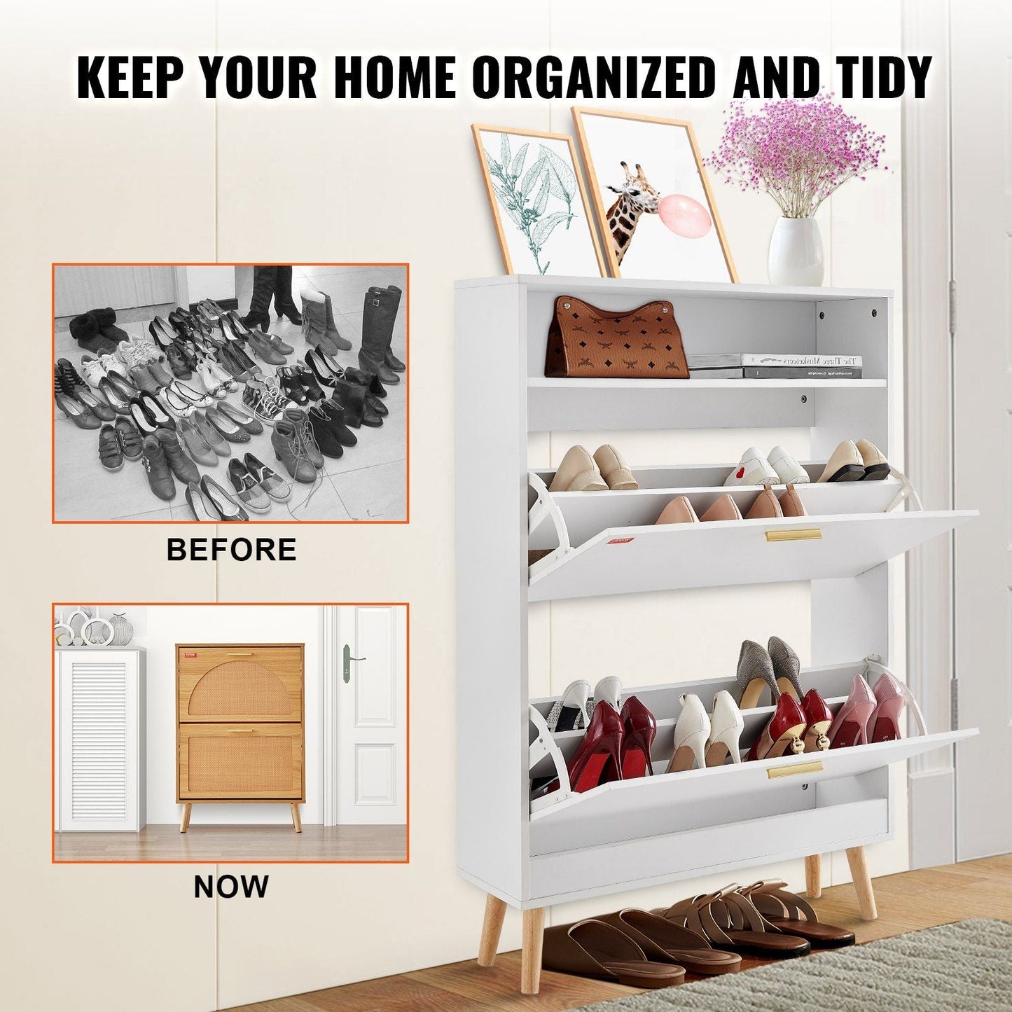 VEVOR Shoe Cabinet with 2 Flip Drawers, Shoe Storage Cabinet for Entryway, Free Standing Shoe Storage Organizer with Top Storage Cubby for Heels, Boots, Slippers in Hallway, Living Room