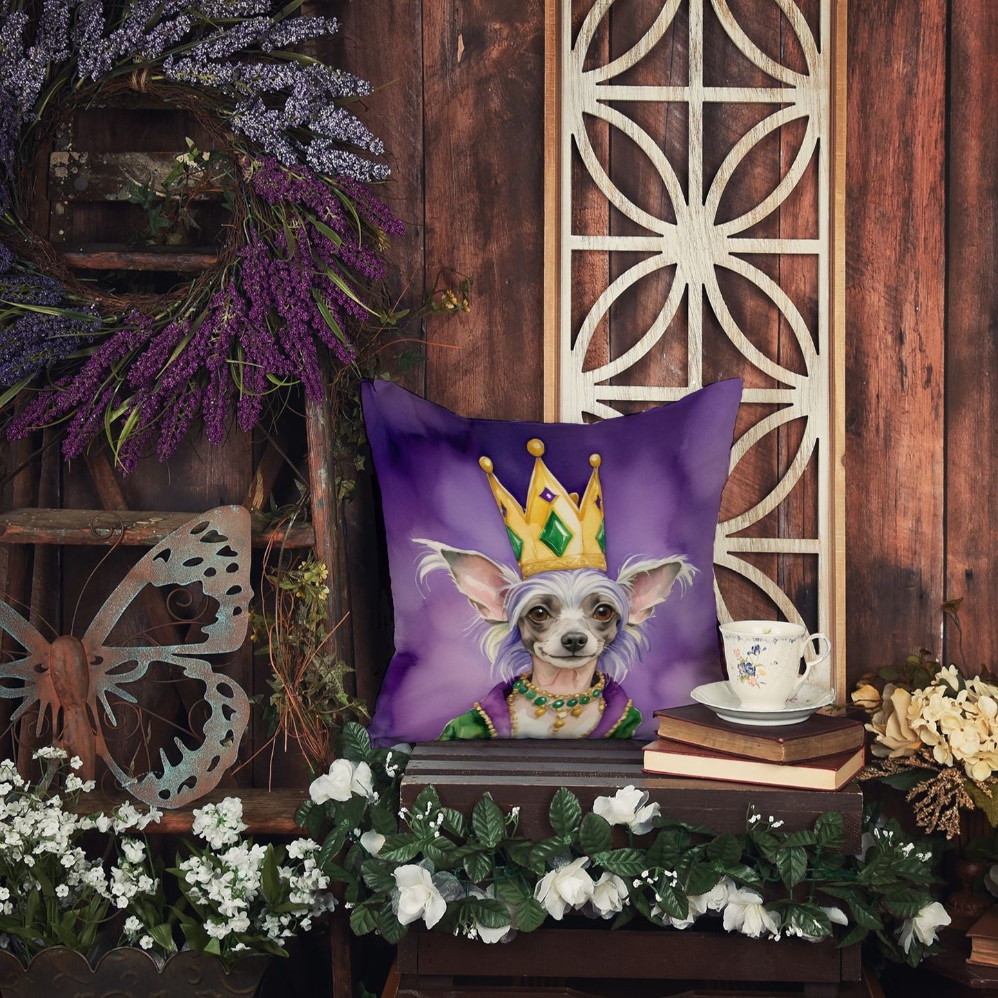 Chinese Crested King of Mardi Gras Throw Pillow Machine Washable, Indoor Outdoor Decorative Pillow for Couch, Bed or Patio, 18Hx18W