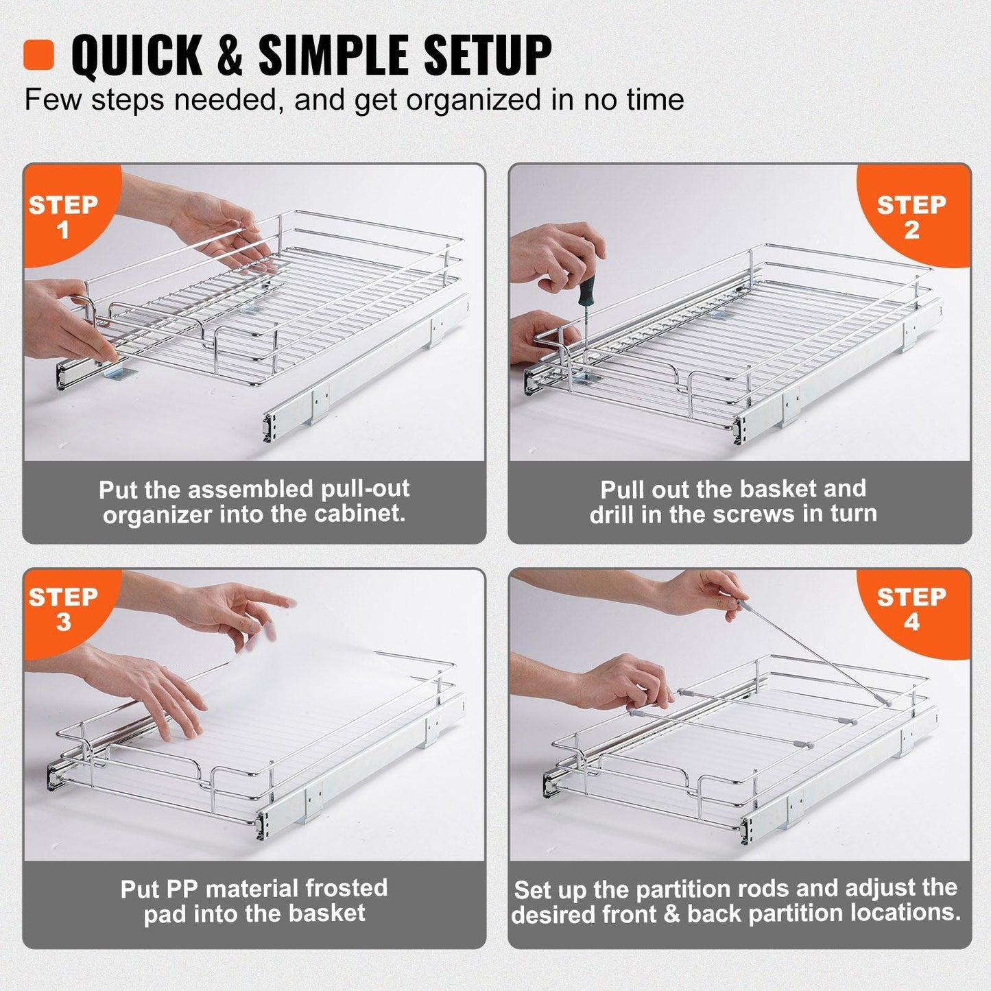 VEVOR 11"Wx21"Dx2.5"H Pull Out Cabinet Organizer, Heavy Duty Slide Out Pantry Shelves, Steel Roll Out Drawers, Sliding Drawer Storage for Home Under Sink, 13.5"Wx22"Dx7"H Install Size for Cabinet