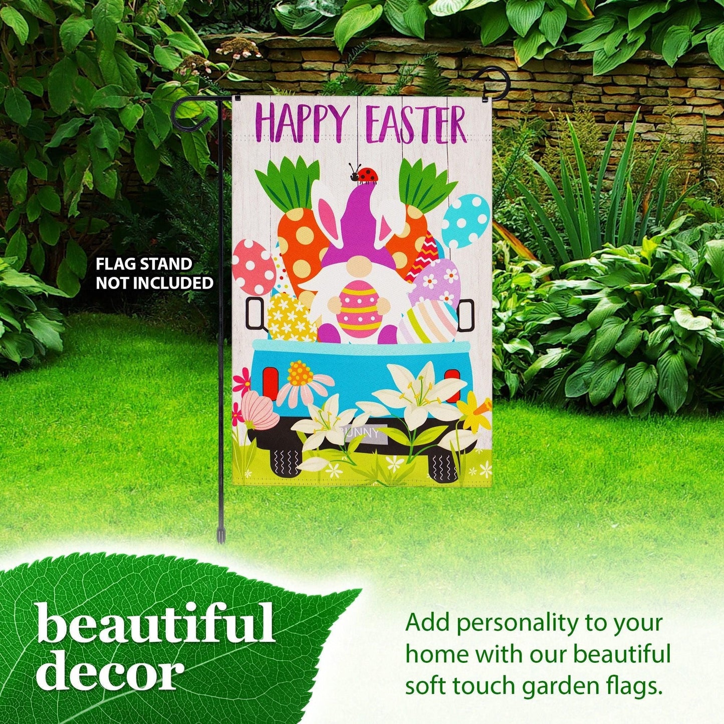 Garden Flag Happy Easter Rabbit Gnome in Truck 12x18 inch Blockout Fabric Double Sided