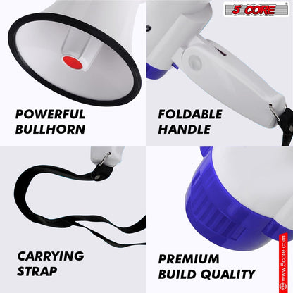 5 Core Megaphone 30W Bull Horn PA Speaker w 800 Yards Range USB Loud Siren Voice Amplifier Portable