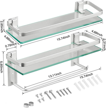 Glass Bathroom Shelf 15.7in Bathroom Shelf Wall Mounted Floating Glass Shelves with Towel Holder Glass Shower Shelf 2 Tier