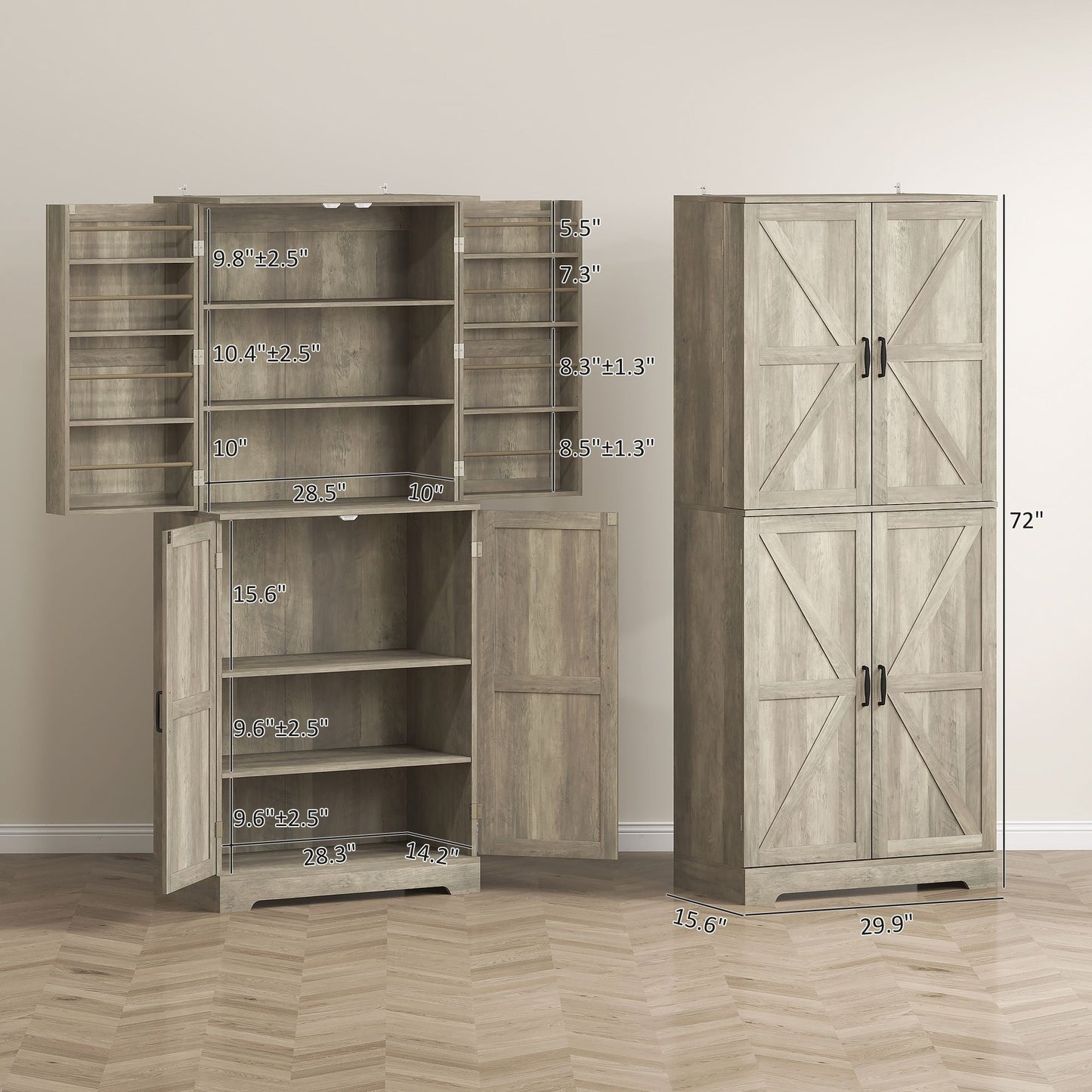 HOMCOM Farmhouse Kitchen Pantry, 72" Tall Pantry Cabinet with 4 Barn Doors, 4 Adjustable Shelves and 8 Door Shelves, Gray Wash